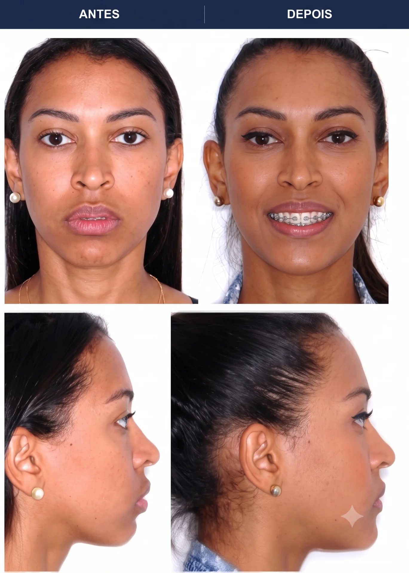 Caso clínico de cirurgia ortognática — Correção de mordida aberta e do perfil facial. Imagens pré e pós-operatórias.