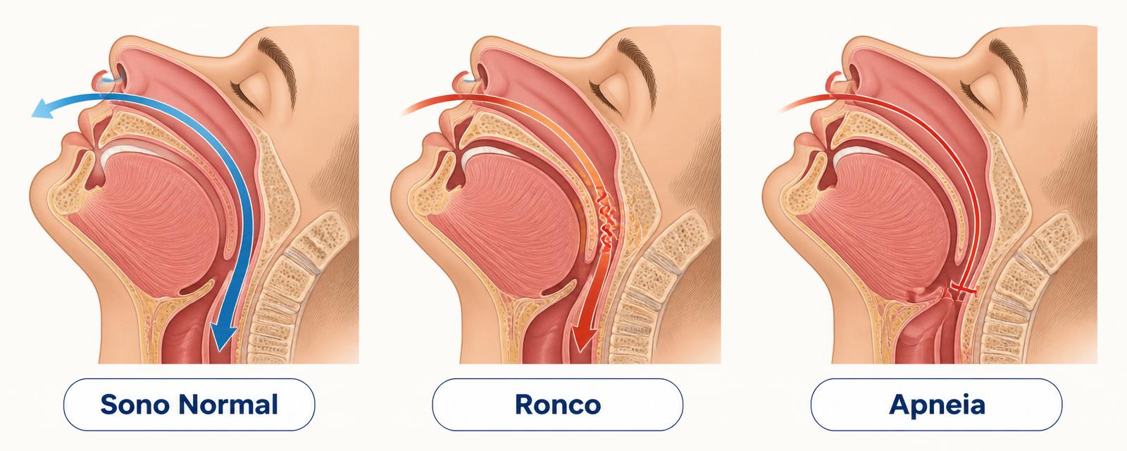 Comparação anatômica da via aérea superior: sono normal com passagem livre, ronco com estreitamento e vibração, e apneia com obstrução completa